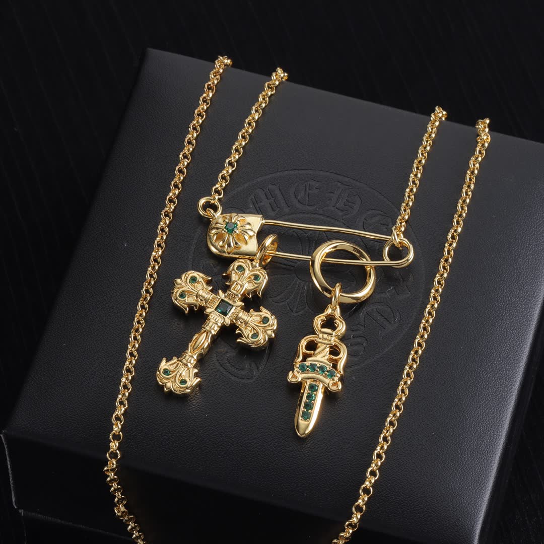 Chrome Hearts Gold Plated Cross and Dagger Charm Necklace